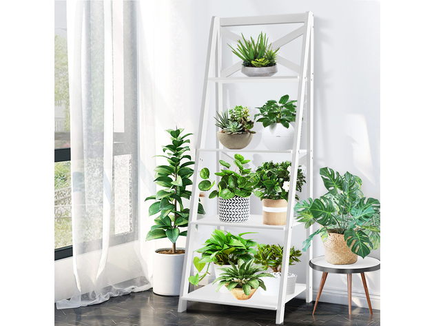 Costway Set of 2 Ladder Shelf 4-Tier Bookshelf Bookcase Storage Display Plant Leaning - White