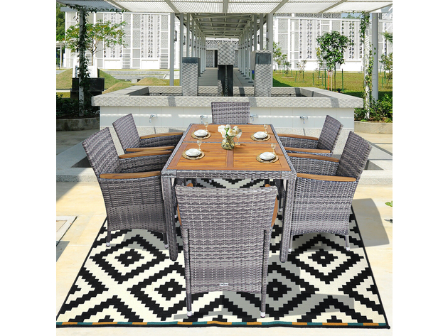 Costway 7PCS Patio Rattan Dining Set Acacia Wood Table Cushioned Chair Mix Gray - Gray, Natural