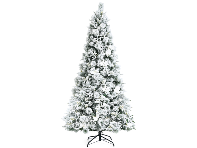 Costway 7ft Snow Flocked Hinged Christmas Tree w/ Berries & Poinsettia Flowers - White