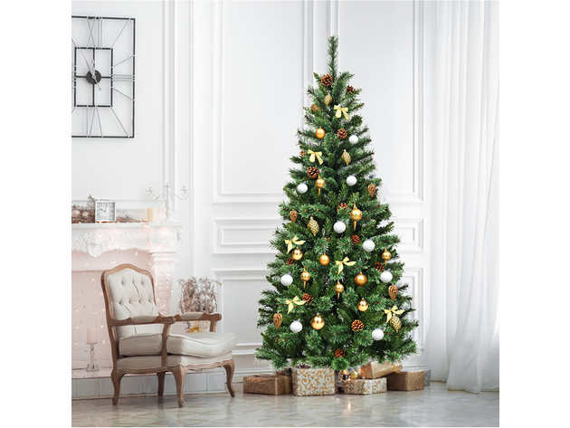 Costway 7 ft Premium Hinged Artificial Christmas Tree Mix ed Pine Needles w/ Pine Cones - Green