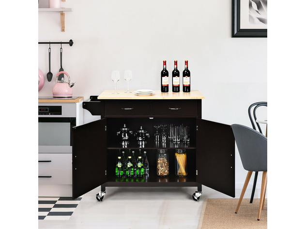 Costway Modern Rolling Kitchen Cart Island Wood Top Storage Trolley Cabinet Utility Brown - As pic