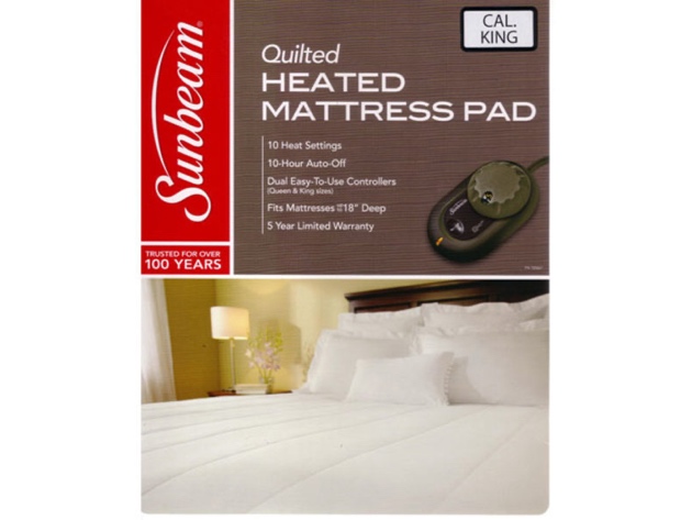 Sunbeam Quilted Heated Electric Mattress Pad Stripe Pattern Cal King Size White