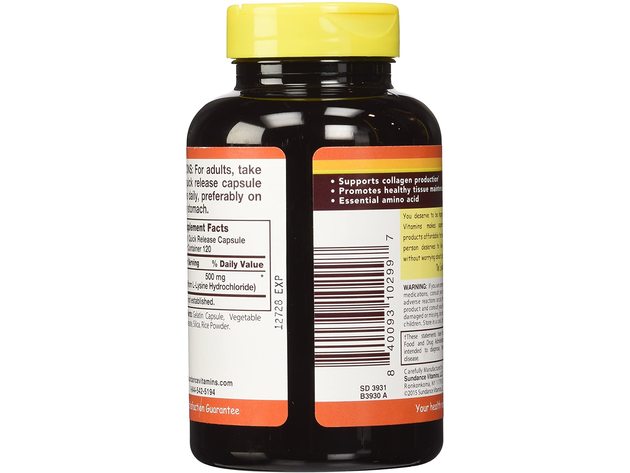Sundance Vitamins L-Lysine Tablets, Supports The Synthesis Of Proteins and Collagen Production, 120 Count