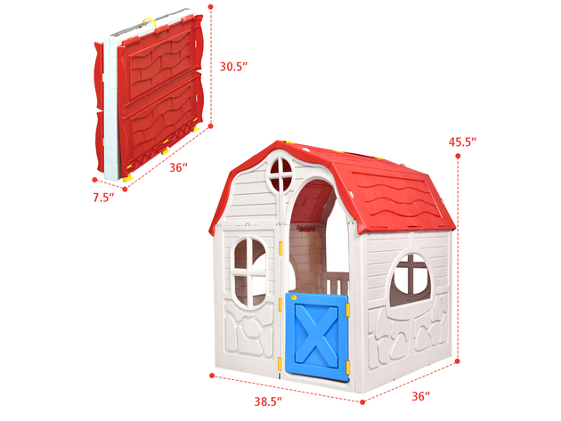 Costway Kids Cottage Playhouse Foldable Plastic Play House Indoor Outdoor Toy Portable - Beige + Red + Blue