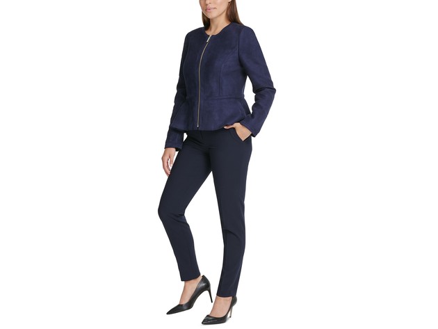 DKNY Women's Faux-Suede Zip-Front Peplum Jacket Navy Size 14