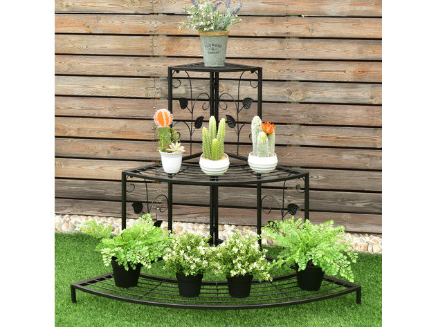 Costway 3 Tier Floral Corner Plant Stand Metal Flower Pot Rack Stair Display Ladder - Black