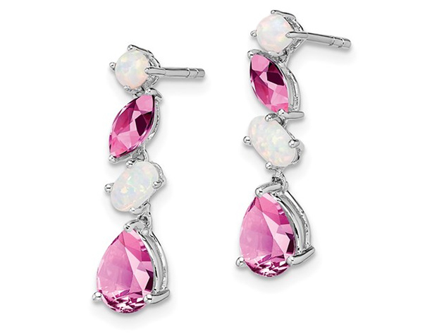 2.45 Carat (ctw) Opal and Lab Created Pink Sapphire Dangle Drop Earrings in 14K White Gold