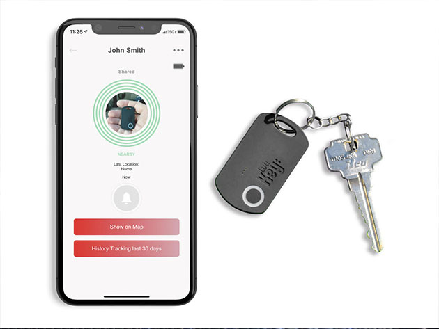 A key with a bluetooth keychain, plus a phone with the keychain's app.