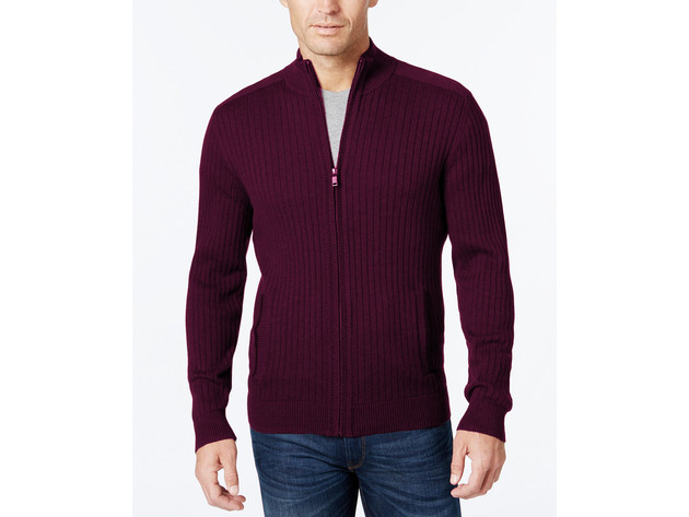 Alfani Men's Ribbed Full-Zip Sweater Burgundy Size 2 Extra Large