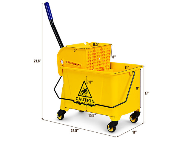 Costway Commercial Mop Bucket Side Press Wringer on Wheels 21 Quart Yellow w/ Panel 