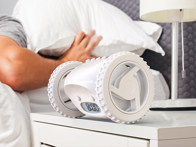Clocky: The Runaway Alarm Clock on Wheels Bundle for Heavy Sleepers (Chrome/White)