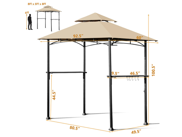 Costway 8' x 5' Outdoor Patio Barbecue Grill Gazebo w/ LED Lights 2-Tier Canopy Top Tan - Khaki