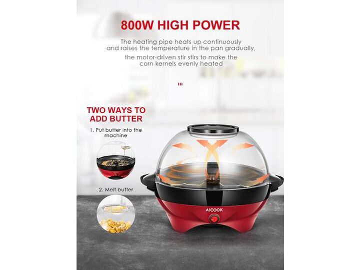 Popcorn Machine, 6 Quart/24 Cup 800W Fast Heat up Popcorn Popper Machine,  Electric Hot Oil Butter Popcorn Maker with Stirring Rod, Nonstick Plate