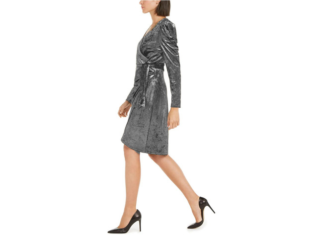 INC International Concepts Women's Puff-Sleeve Velvet Wrap Dress Silver Size M