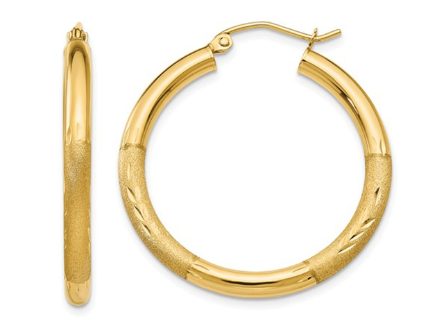 Medium Satin and Diamond Cut Hoop Earrings in 14K Yellow Gold 1 Inch (3 ...