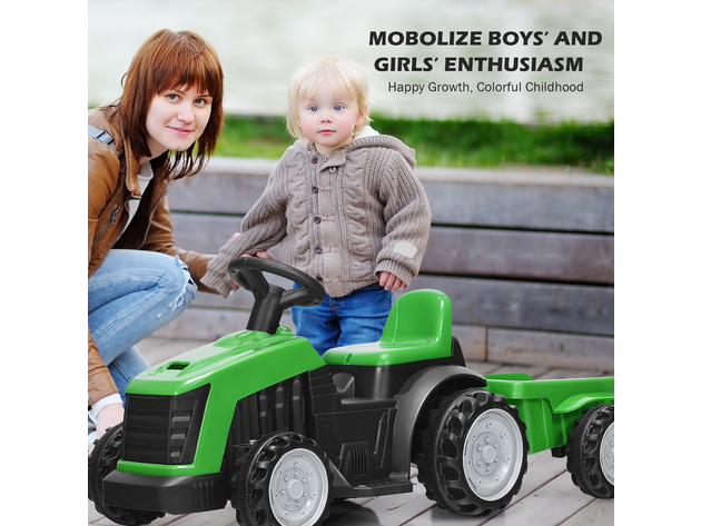 Costway Honeyjoy 6V Electric Kids Ride On Tractor 6 Wheels Car Toy with Trailer Green