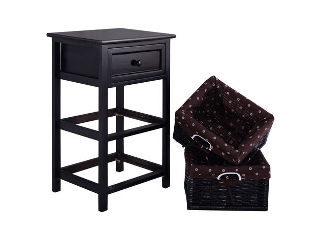 Costway Black Night Stand 3 Tiers 1 Drawer Bedside End Table Organizer Wood W/2 Baskets - Black