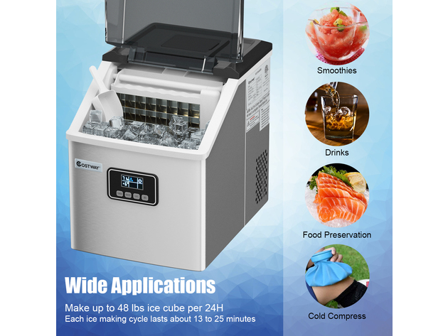 Stainless Steel Ice Maker Machine Countertop 48Lbs/24H Self-Clean w/ LCD Display Silver