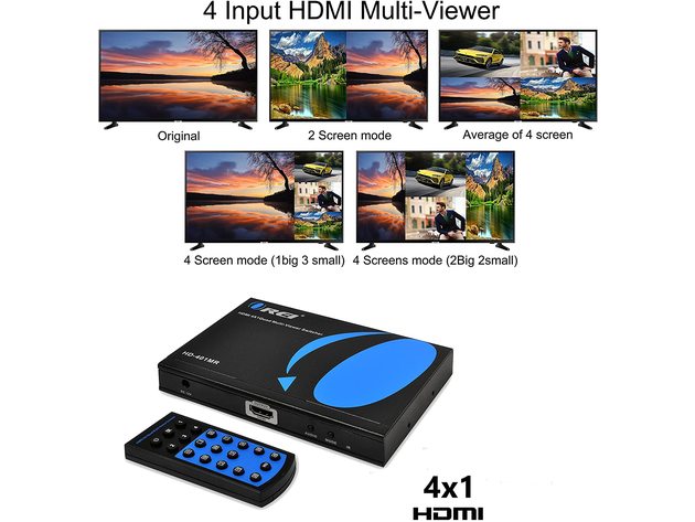 Orei Quad Multi HDMI Viewer 4 in 1 out HDMI Switcher 4 Ports Seamless Switcher and IR Remote Support 1080P for PS4/PC/Stb/DVD/Security Camera, HDMI Switch 4 in 1 out