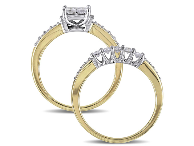 Princess Cut Diamond Engagement Ring & Wedding Band Set 1.0 Carat (ctw Color H-I Clarity I2-I3 ) in 14K White & Yellow Gold - 10