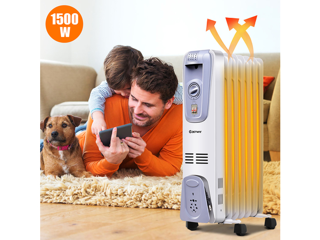 1500W Electric Oil Filled Radiator Space Heater Thermostat White