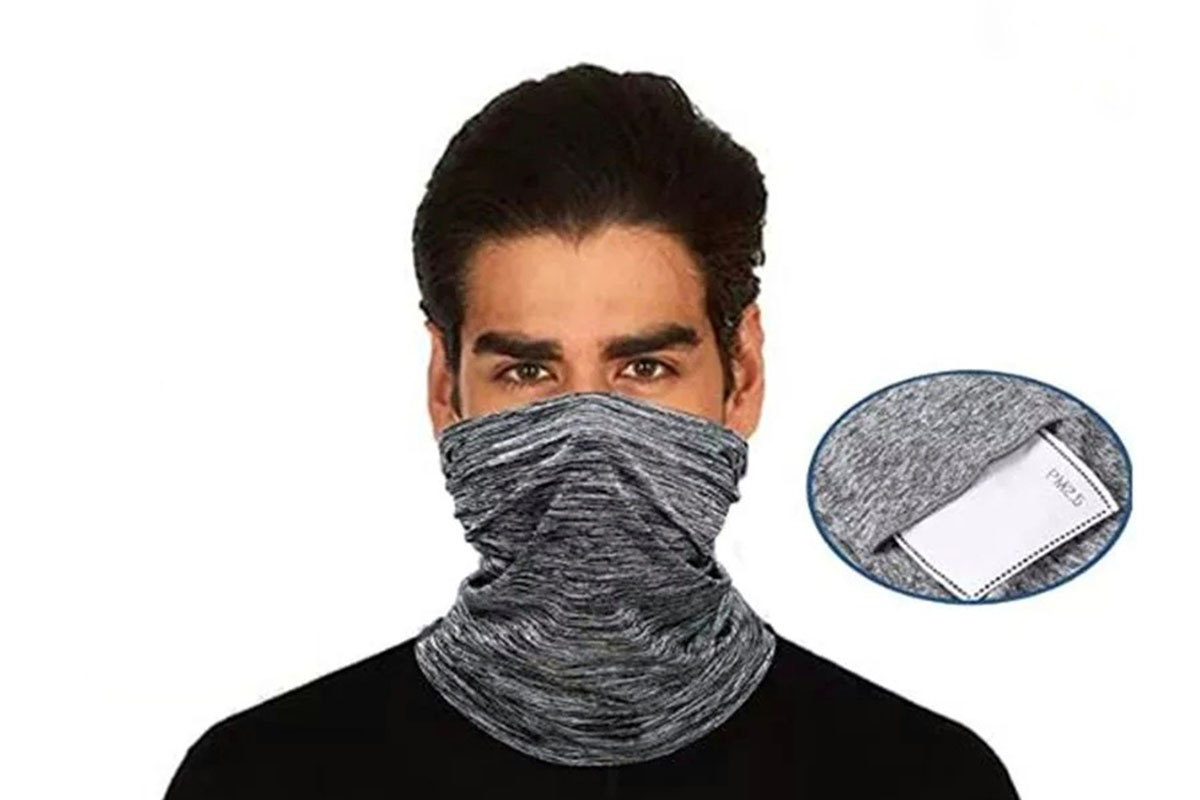 A person wearing a neck gaiter, with an inset image showing a filter for the gaiter. 