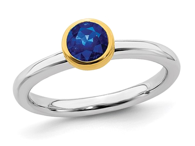 Ladies Lab Created Blue Sapphire Solitaire Ring 1/2 Carat (ctw) in Sterling Silver with Yelow Gold Plated Accent - 10