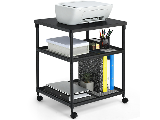 Costway 3-Tier Printer Stand Rolling Fax Cart w/ Adjustable Shelf & Swivel Wheel - Black