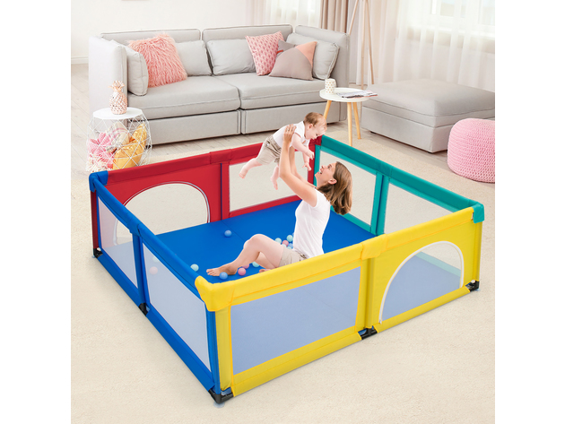 Costway Baby Playpen Infant Large Safety Play Center Yard w/ 50 Ocean Balls Grey\Colorful\Blue - Colorful