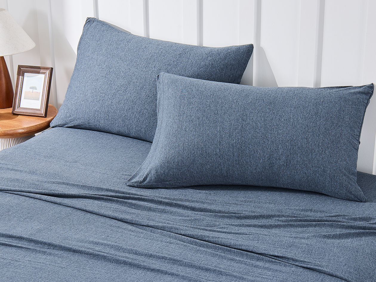 Kathy Ireland 4 Piece Heathered Jersey Knit Cotton Sheet Set (Full/Denim)
