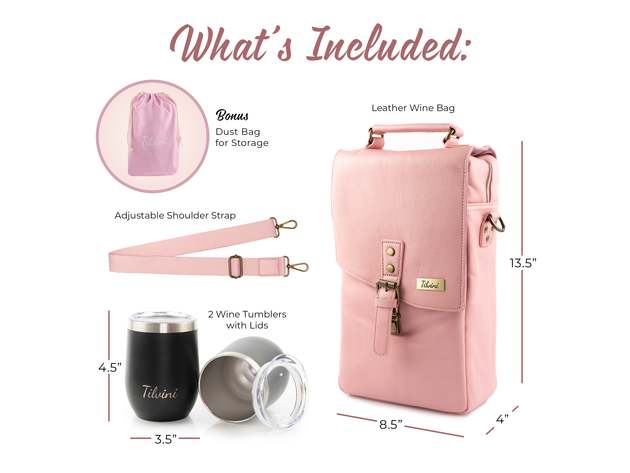 Pink Insulated Genuine Leather Wine Tote Bag & 2 Wine Tumblers. Wine Purse Wine Gift For Women