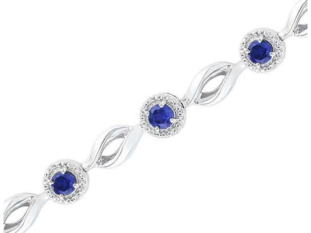 3.12 Carat (ctw) Lab Created Blue Sapphire Tennis Bracelet in Sterling Silver with Diamonds 1/10 Carat (ctw)