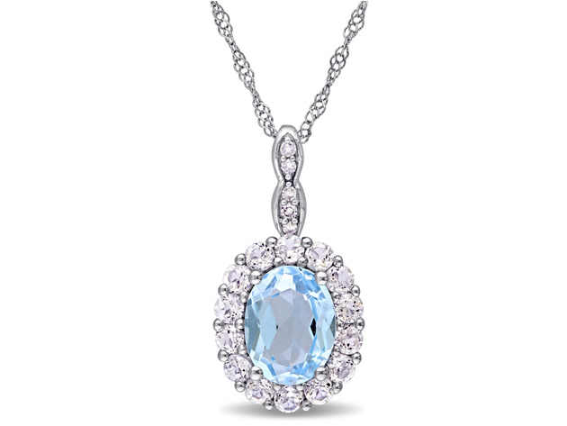 2 1/8 Carat (ctw) Blue Topaz & White Topaz Pendant Necklace with Accent Diamonds in 14K White Gold With Chain