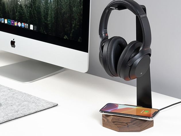 2-in-1 Wooden Headphone Stand & Charger (Walnut)