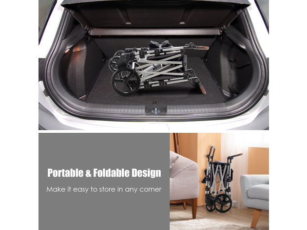 Babyjoy 2 Passenger Push Pull Folding Twin Double Stroller Wagon w/Canopy Drapes - Gray