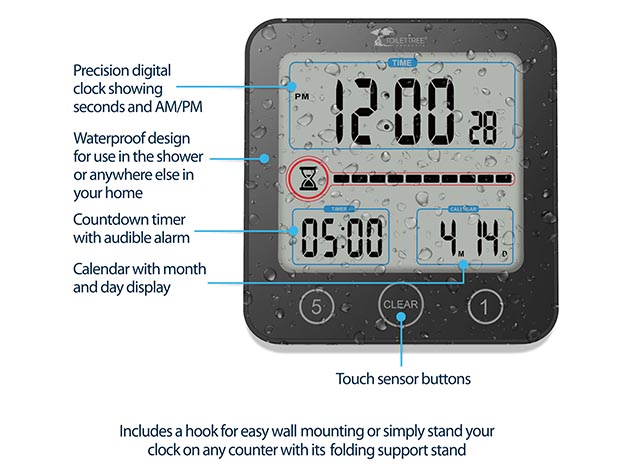 Digital Bathroom Shower Clock with Alarm & Large LCD Display