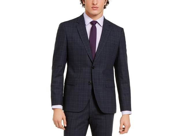 Hugo Boss Men's Modern-Fit Stretch Dark Blue Plaid Suit Jacket Blue Size 36