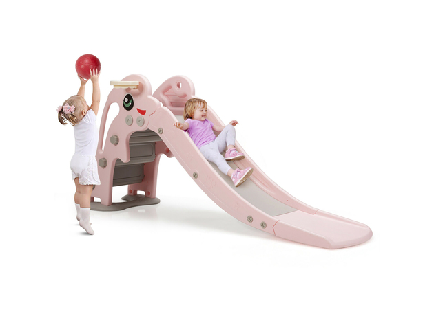 Costway 3-in-1 Kids Climber Slide Play Set w/Basketball Hoop Indoor & Outdoor Pink\Green - Pink