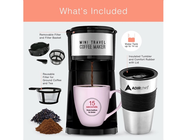 AdirChef Mini Travel Single Serve Coffee Maker & 15oz Travel Tumbler (Orange)