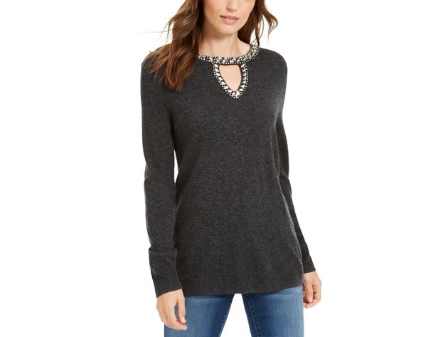 INC International Concepts Women's Embellished Keyhole Sweater Gray Size Large