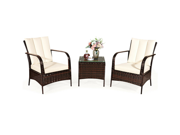 Costway 3 Piece Patio Rattan Furniture Set Coffee Table & 2 Rattan Chair W/White Cushions Mix Brown