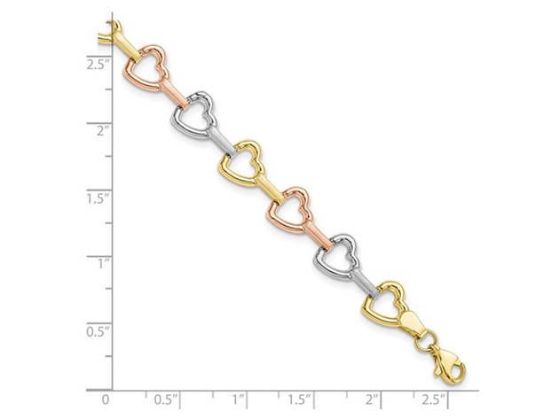 10K Yellow, White, Pink Gold Heart Bracelet (7.50 Inches)