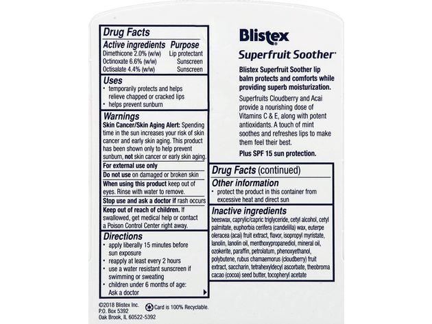 Blistex Superfruit SPF 15 Soother Lip Protectant/Sunscreen Balm, Cloudberry, Acai & Mint, 0.15 Ounce