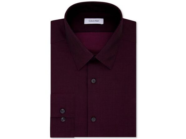 Calvin Klein Steel Men's Slim Fit Non Iron Performance Herringbone Point  Collar Dress Shirt Wine Size  | Joyus