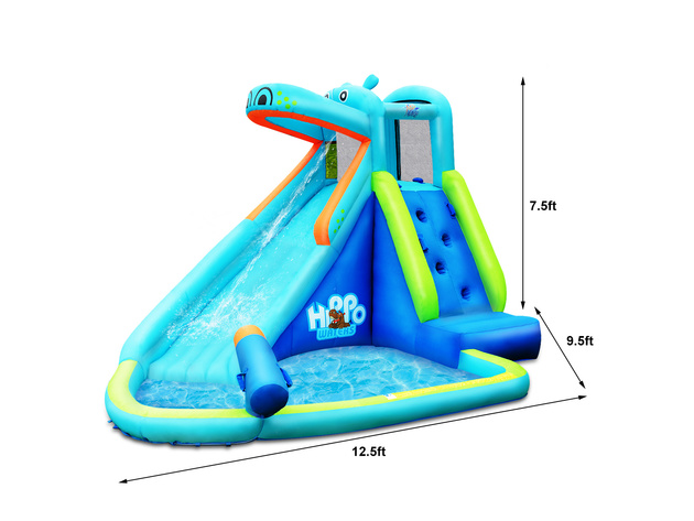 Costway Inflatable Kids Hippo Bounce House Slide Climbing Wall Splash Pool w/740W Blower - Blue