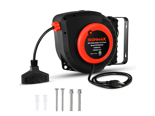 IRONMAx 50ft Retractable Extension Cord Reel Ceiling or Wall Mount w ...