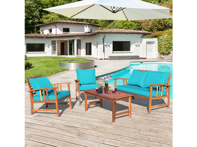 Costway 8 Piece Wooden Patio Furniture Set Table Sofa Chair Cushioned Garden - Teak/Turquoise
