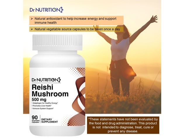 Dr Nutrition 360 Reishi Mushroom 500 mg - Liver Health and Immune System Support, 90 Vegetable Capsules, 3 Months Supply Dietary Supplement