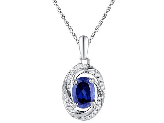 1.20 Carat (ctw) Lab-Created Blue Sapphire Drop Pendant Necklace in 10K White Gold with Diamonds/10 (ctw) and Chain