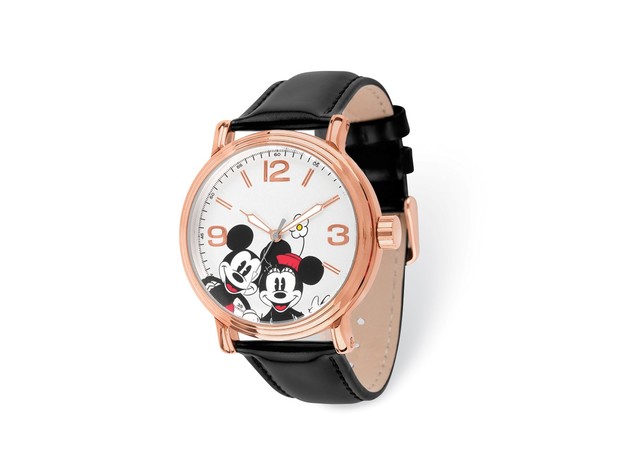 Disney Ladies Size Rose-tone Black Leather Mickey/Minnie Watch